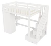 Lit superposé - 140 x 200 cm - Structure en bois blanche - Barrière de sécurité - Escalier avec espace de rangement - Bureau intégré avec prise électrique européenne - Armoire, canapé avec espace de r