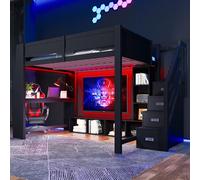 Lit superposé 140x200 cm avec bureau, éclairage LED, 2 rangements tiroirs et un escalier de rangement avec 3 compartiments, une rampe continue, en contreplaqué/MDF, de couleur noire