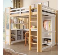Lit superposé 140x200 cm en bois de pin et MDF. Lit en bois massif avec bureau, armoire et étagères. Lit superposé multifonctionnel sans matelas, couleur naturelle/blanc