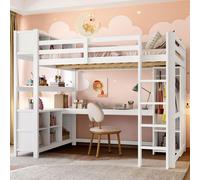 Lit superposé 140x200 cm en bois de pin et MDF. Lit en bois massif avec bureau, armoire et étagères. Lit pour enfant, multifonctionnel, silencieux, sans matelas. Couleur : blanc