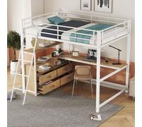 Lit superposé 140x200 cm, en fer, avec modules en MDF, comprenant un bureau en forme de L. Lit mezzanine avec bureau en MDF intégré, servant de structure de lit, avec espace de rangement fermé, de cou