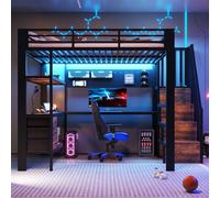 Lit superposé, 140x200 cm, structure en métal, avec espace de rangement, tiroir, panneau perforé, table, prise électrique, éclairage LED, sans matelas, couleur noire