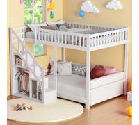 Lit Superposé 140x200, Lit Mezzanine Lit Enfant 2 Places avec Escalier de Rangement et Barrière de Sécurité, Moderne loft Lits superposés en Bois Massif Cadre De Li pour Garçon et Fille