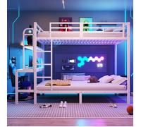 Lit superposé 140x200cm,lit 4 places avec étagère de rangement,bureau,lumineuse LED, port USB,barrière de sécurité et échelle,blanc