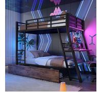Lit Superposé 2x90x200cm - Bureau Integré - 2 Tiroirs Rangement - Éclairage LED Telecommande - Certification EN747 - Noir
