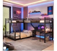 Lit Superposé 3 Couchages 90x200/140x200 cm en Métal avec Bureau, USB-C, Échelle et Barrières de Sécurité - Noir