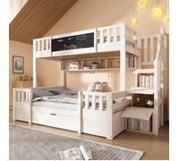 Lit superposé 3 couchages avec armoire-échelle, tableau noir et tiroirs, blanc