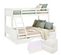 Homestyle4u Lit superposé enfant 90x200 + 140x200 bois blanc avec 2 matelas et 2 tiroirs