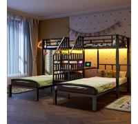 Lit superposé, 90 × 200 cm, 3 couchages avec bande lumineuse LED, échelle avec espace de rangement, 2 ports USB + 1 prise électrique, bureau et étagère, sans matelas, noir