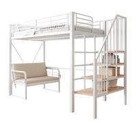Lit superposé 90/200 cm blanc en métal avec canapé amovible et escalier rangement