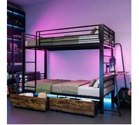 Lit superposé 90×200 cm - URTR - avec bureau, LED et 2 tiroirs de rangement sous lit - fonction de recharge - sans matelas - noir