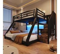 Lit superposé, 90 × 200 et 140 × 200 cm, en métal, avec bandes lumineuses LED, trois espaces de rangement, escalier avec espace de rangement, garde-corps et marche, EN747, sans matelas, noir