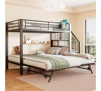 Lit superposé, 90 × 200 et 180 × 200 cm, structure en fer, conception multifonctionnelle avec lit gigogne, sac en tissu et échelle avec espace de rangement, sans matelas, noir