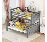 Lit superposé 90 x 200 / 140 x 200 cm pour enfants, en pin massif, avec échelle et barrières de sécurité, transformable en deux lits simples, stable, gris
