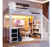 Lit superposé 90 x 200 cm avec bureau, barre lumineuse LED, escalier avec rangement, 4 tiroirs, étagère et barrière de sécurité, structure en fer et panneaux de fibres de densité moyenne (MDF), couleu