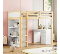 Lit superposé 90 x 200 cm avec bureau et étagère, lit superposé multifonctionnel pour une personne avec escalier, finition bois, sans matelas