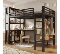 Lit superposé 90 x 200 cm avec bureau – Lit coffre avec portant à vêtements, étagères, espaces de rangement et barrière de sécurité, structure de lit de couleur noire