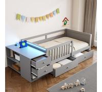 Lit superposé 90 x 200 cm avec espace de rangement séparé, fonction bureau, prise électrique, éclairage LED, 2 tiroirs, étagères et barrière de sécurité, couleur gris