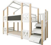 Lit superposé 90 x 200 cm, lit enfant cabane avec escalier, espace de rangement et protection anti-chute, lit mezzanine pour enfants – 2x sommier à lattes – Nature & Blanc