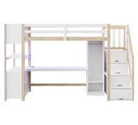 Lit superposé 90 x 200 cm - Lit simple avec placard intégré - Grand bureau - Rangement intégré - Escalier - Éclairage LED et prises électriques européennes - Couleur 2