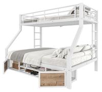 Lit superposé - 90 x 200 cm - Métal - Armoire à chaussures et étagères de rangement - Portes de sécurité - Échelle - Blanc