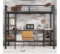 Lit superposé - 90 x 200 cm - Métal et panneaux de particules - Noir/bois foncé - Avec table, étagère et échelle