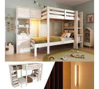 Lit superposé 90 x 200 cm pour enfants, en bois massif, avec armoire, étagères, tiroirs, veilleuse LED, détecteur de mouvement, lit mezzanine pour enfants, blanc