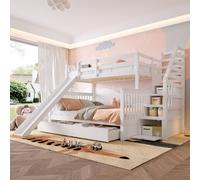 Lit superposé 90 x 200 sur 140 x 200 avec tiroirs, espace de rangement et toboggan, multifonctionnel, blanc