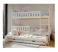 Lit superposé 90x200 - 3 couchages - Barrière de sécurité + tiroirs - Convertible en 3 lits - 4 à 16 Ans - Sommiers Inclus - Blanc