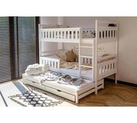 Lit superposé 90x200 avec 3 matelas, lit avec fonction gigogne, deux tiroirs, sommier à lattes, barrière de sécurité convertible en TROIS lits simples, bois massif, blanc | de 4 à 18 ans