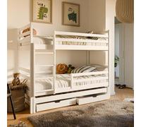 Lit superposé 90x200 avec lit tiroir. Lit superposé pour enfants avec fonction tiroir. Deux tiroirs. Sommier à lattes. Barrière de sécurité. Convertible en trois lits simples, adapté de 4 à 16 ans. Bo