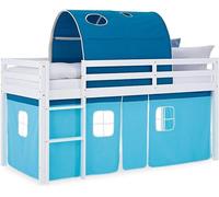 Lit superposé 90x200 bleu - Lit pour enfant avec rideau et tunnel | Lit en bois massif de pin, transformable en cabane, avec barrière de sécurité et échelle - Lit superposé stable en bleu clair, idéal