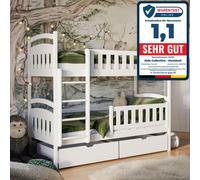 Lit superposé 90x200 cm avec 2 matelas et 2 tiroirs, sommier à lattes, protection contre les chutes, transformable en 2 lits simples, en bois massif blanc