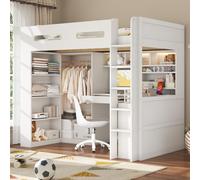 Lit superposé 90x200 cm avec armoire, lit pour enfant avec barrière de sécurité et étagères, lit superposé pour adolescents avec bureau et station de recharge, blanc