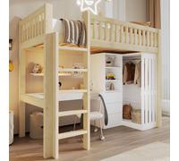 Lit superposé 90x200 cm avec bureau, armoire, 3 tiroirs, espace de rangement, escalier et barrière de sécurité, lit pour enfants et adolescents en bois de pin, finition bois naturel