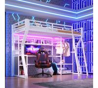 Lit superposé 90x200 cm avec bureau, espace de rangement et éclairage intégré | Lit superposé gain de place avec tringle à vêtements et prise électrique