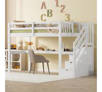 Lit superposé 90x200 cm avec bureau, tiroirs de rangement et étagères, lit pour enfant en bois de pin avec barrière de sécurité, gain de place, blanc