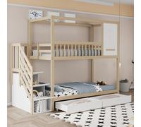 Lit superposé 90x200 cm avec design en forme de maison, fenêtres, escalier avec espace de rangement et tiroirs, barrière de sécurité, lit pour enfant en bois massif, finition bois naturel