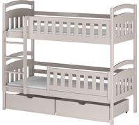 Lit superposé 90x200 cm avec deux tiroirs, sommier à lattes, protection contre les chutes, transformable en deux lits simples, en bois massif blanc