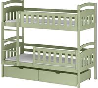 Lit superposé 90x200 cm avec deux tiroirs, sommier à lattes, protection contre les chutes, transformable en deux lits simples, en bois massif vert olive