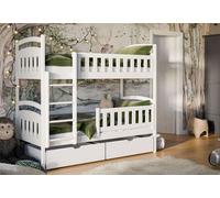 Lit superposé 90x200 cm avec deux tiroirs, sommier à lattes, protection contre les chutes, transformable en deux lits simples, en bois massif blanc