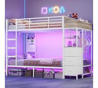 Lit superposé 90x200 cm avec éclairage LED et station de charge. Lit enfant 90x200 avec escalier et barrière de sécurité. Lit superposé enfant gain de place. Lit pour adolescents avec portant et espac