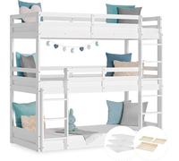 Lit Superposé 90x200 cm avec Matelas Lit d'Enfant 3 Places Lit Triple en Bois Blanc Lit Mezzanine Lit Hauteur Sommier à lattes