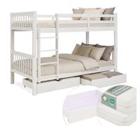 Lit superposé 90x200 cm avec Matelas Lit en Bois Rangement Blanc Lit mezzanine Lit enfant avec échelle Deux lits simples