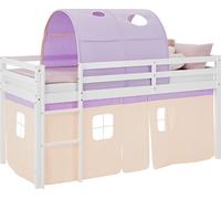 Lit superposé 90x200 cm avec Matelas Lit mezzanine en Bois Pin Massif Rideau Tunnel Violet Beige Sommier à lattes