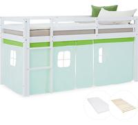 Lit superposé 90x200 cm avec Matelas Lit mezzanine en Bois Pin Massif Rideau Vert Sommier à lattes
