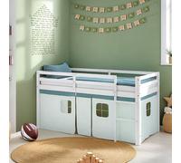 Lit superposé 90x200 cm avec Matelas Lit mezzanine en Bois Pin Massif Rideau Vert Sommier à lattes