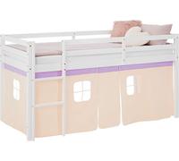 Lit superposé 90x200 cm avec Matelas Lit mezzanine en Bois Pin Massif Rideau Violet Pêche Sommier à lattes