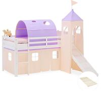 Lit superposé 90x200 cm avec Sommier Toboggan Lit mezzanine en Bois Massif Lit d'enfant Rideau Tour Tunnel Violet Pêche