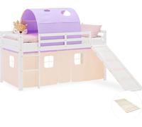 Lit superposé 90x200 cm avec Sommier Toboggan Lit mezzanine en Bois Pin Massif Lit d'enfant Rideau Tunnel Violet Pêche